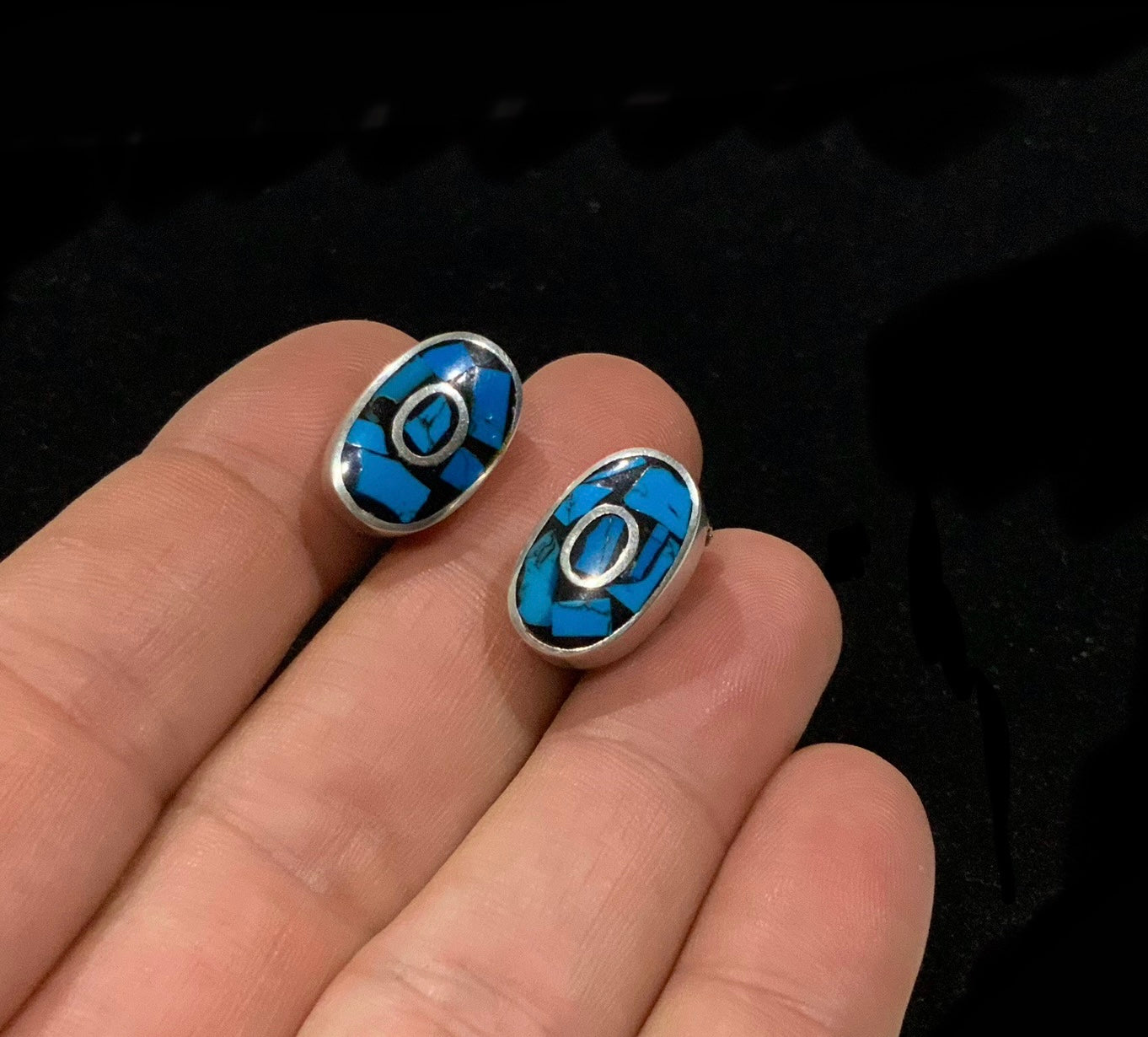 Vintage Taxco Mexico Sterling Silver 925 & Turquoise Inlay Clip On Earrings
