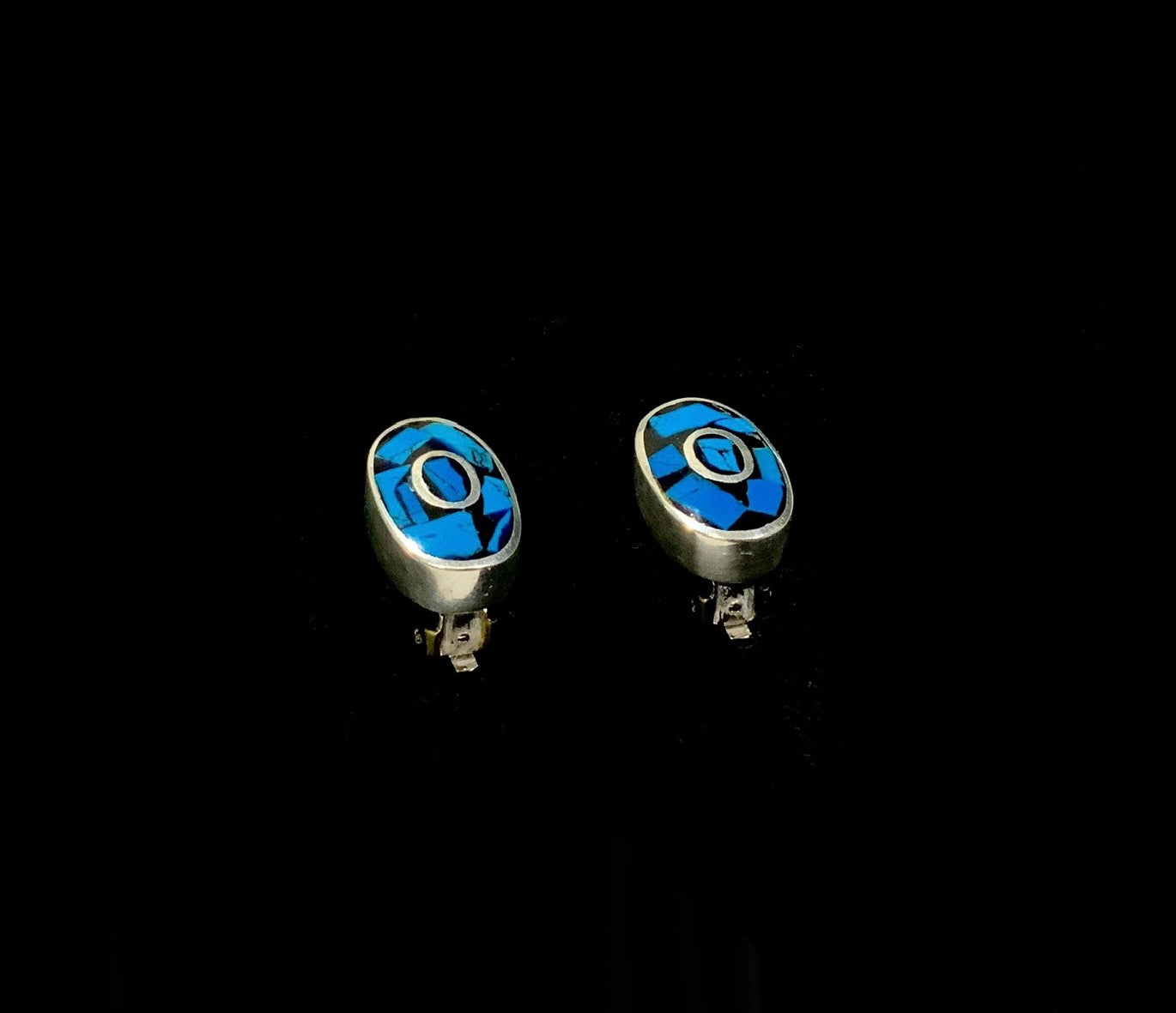 Vintage Taxco Mexico Sterling Silver 925 & Turquoise Inlay Clip On Earrings