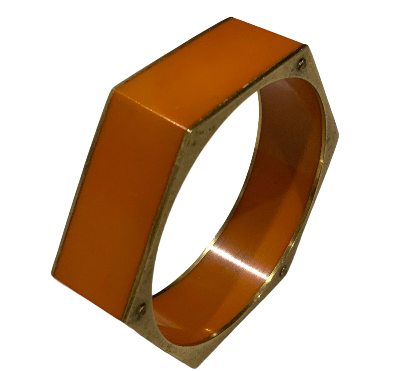 Golden Brass Orange Resin Hexagonal Bangle Bracelet