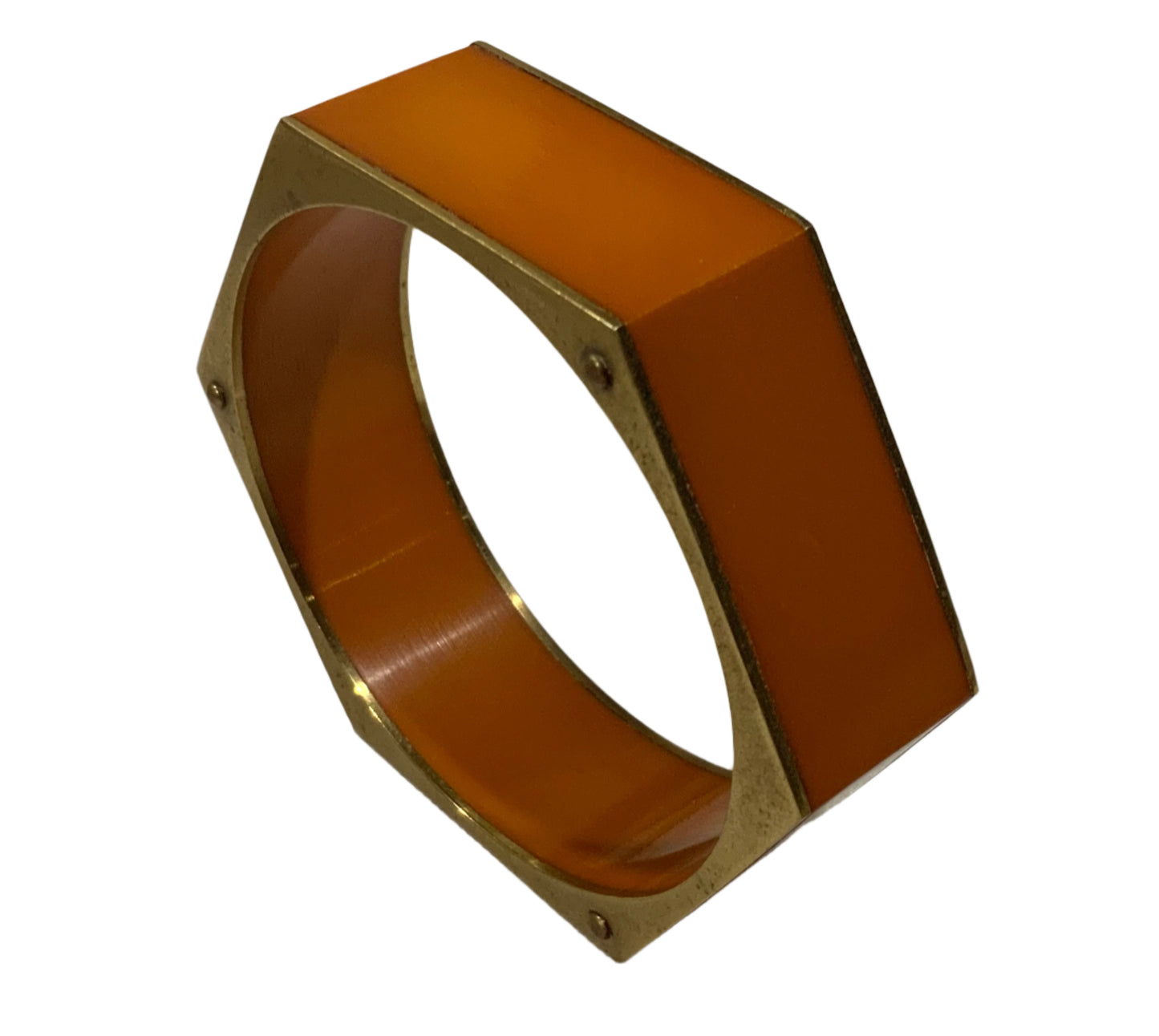 Golden Brass Orange Resin Hexagonal Bangle Bracelet