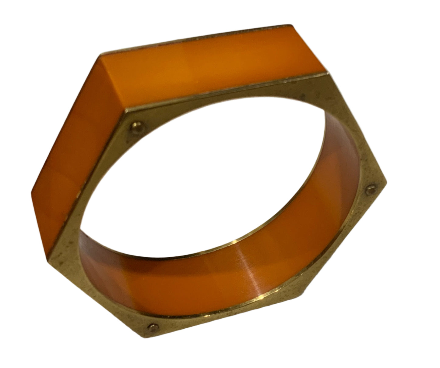 Golden Brass Orange Resin Hexagonal Bangle Bracelet