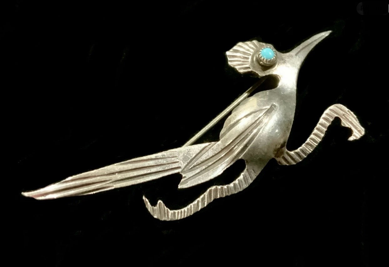 Vintage Turquoise & Sterling Silver 925 Road Runner Brooch Pin