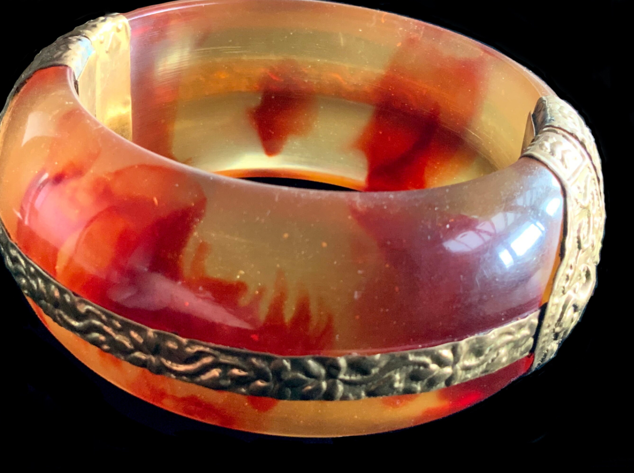 Antique Amber Bakelite & Brass Bangle Bracelet