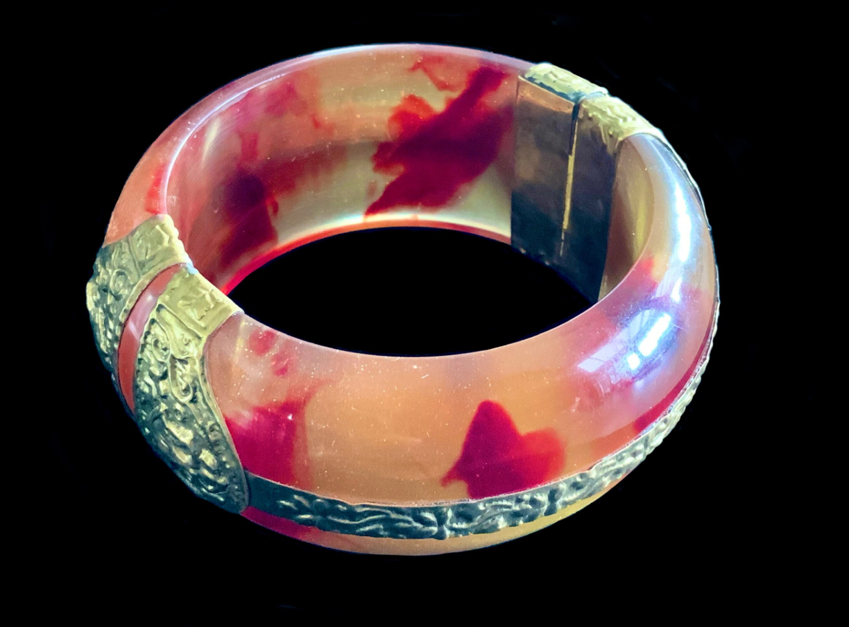 Antique Amber Bakelite & Brass Bangle Bracelet