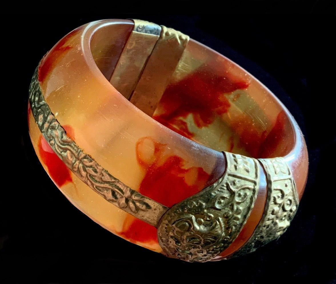 Antique Amber Bakelite & Brass Bangle Bracelet