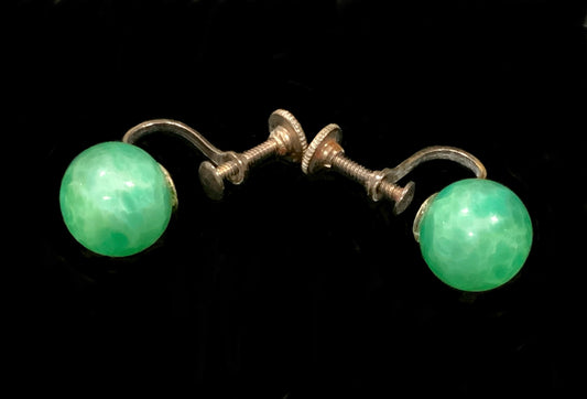 Art Deco Green Peking Glass UG Ball Silver Screw Back Earrings