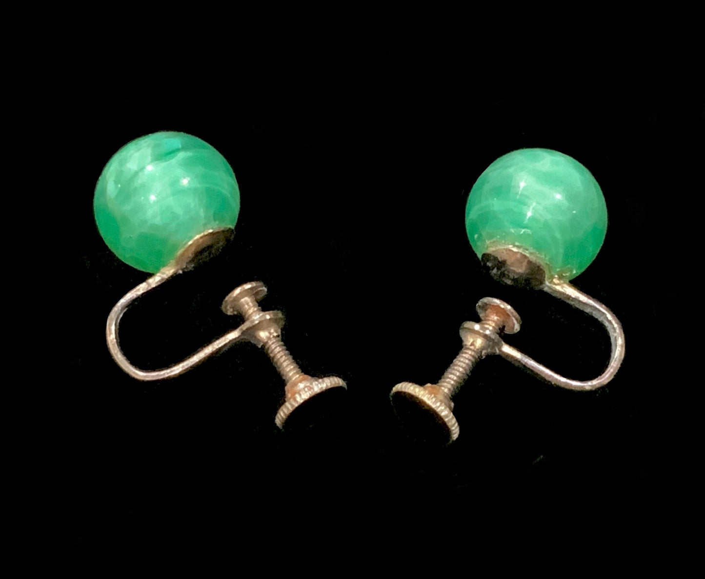 Art Deco Green Peking Glass UG Ball Silver Screw Back Earrings