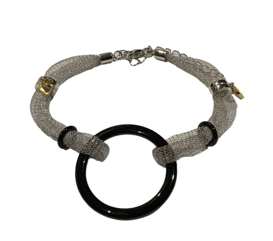 Black Ceramic Hoop Heart Charm Sterling Silver Mesh Bracelet 20cm