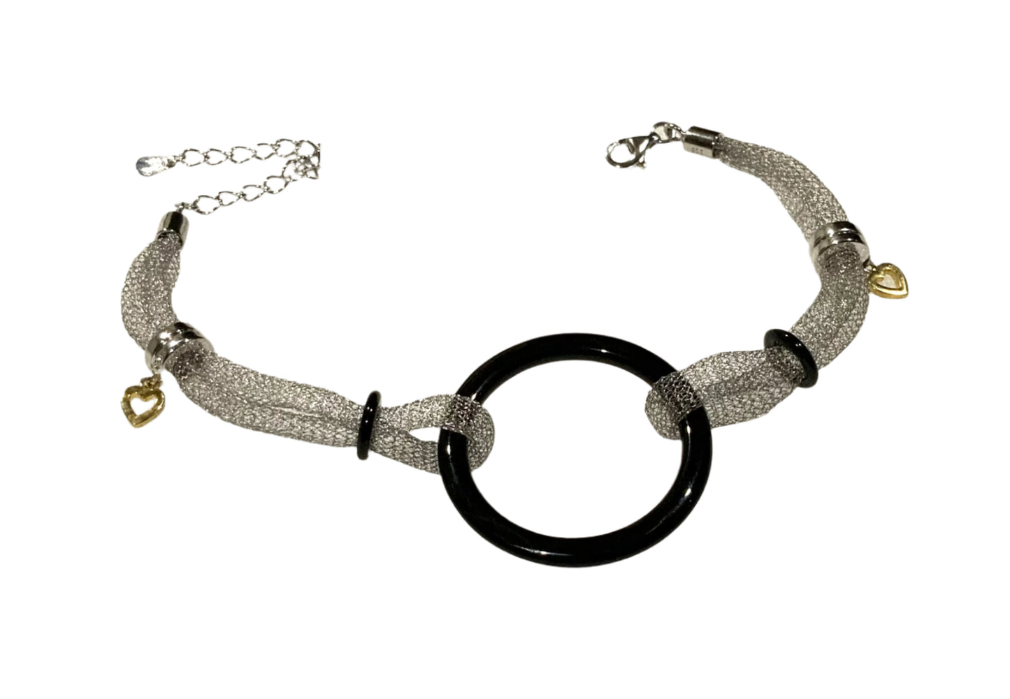Black Ceramic Hoop Heart Charm Sterling Silver Mesh Bracelet 20cm