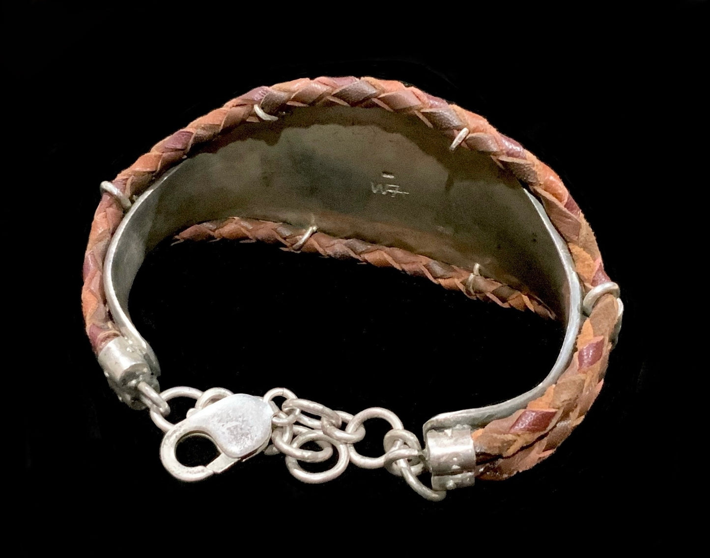 Native American Cuff Bracelet 925 Sterling Silver, Turquoise & Leather Signed WFA
