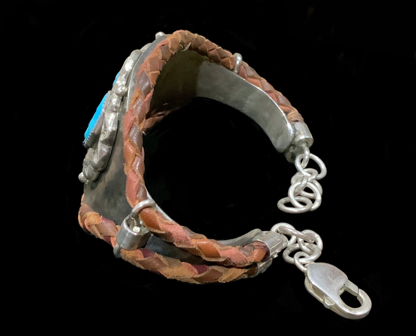 Native American Cuff Bracelet 925 Sterling Silver, Turquoise & Leather Signed WFA