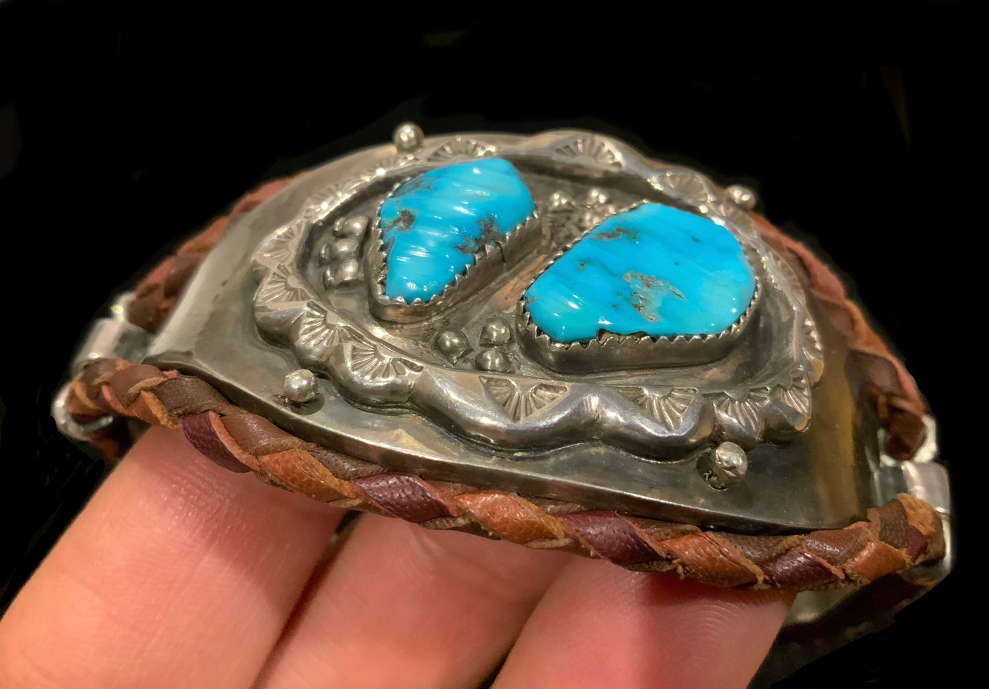 Native American Cuff Bracelet 925 Sterling Silver, Turquoise & Leather Signed WFA
