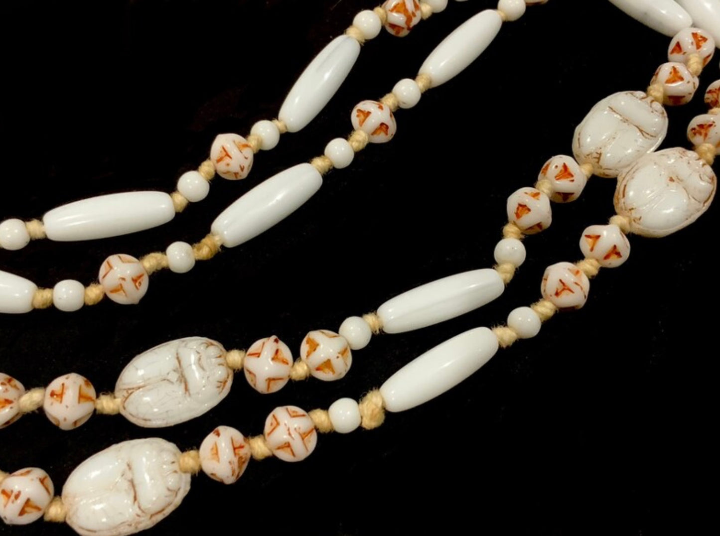 Max Neiger Pharoah & Scarab Beetle White Glass Bead Long Necklace