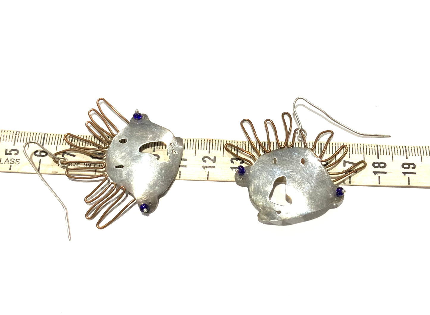 Artisan Modernist Brutalist Silver & Copper Dangle Face Earrings