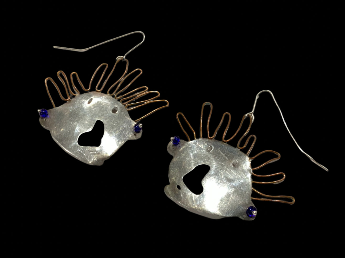 Artisan Modernist Brutalist Silver & Copper Dangle Face Earrings