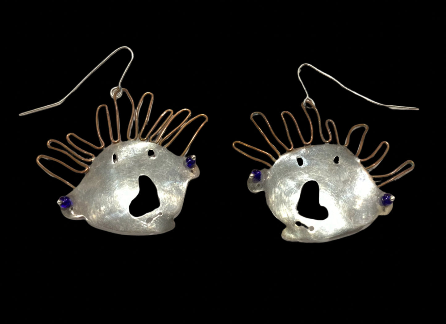 Artisan Modernist Brutalist Silver & Copper Dangle Face Earrings