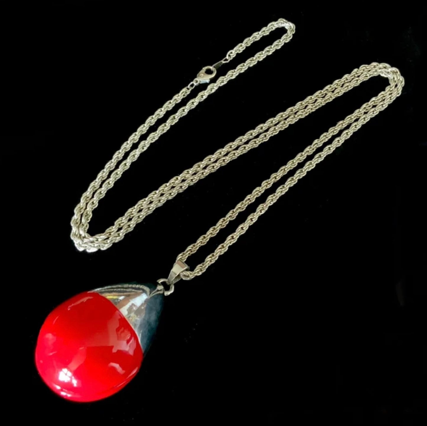 Silver & Red Enamel Wrecking Ball Rope Chain Necklace 90cm