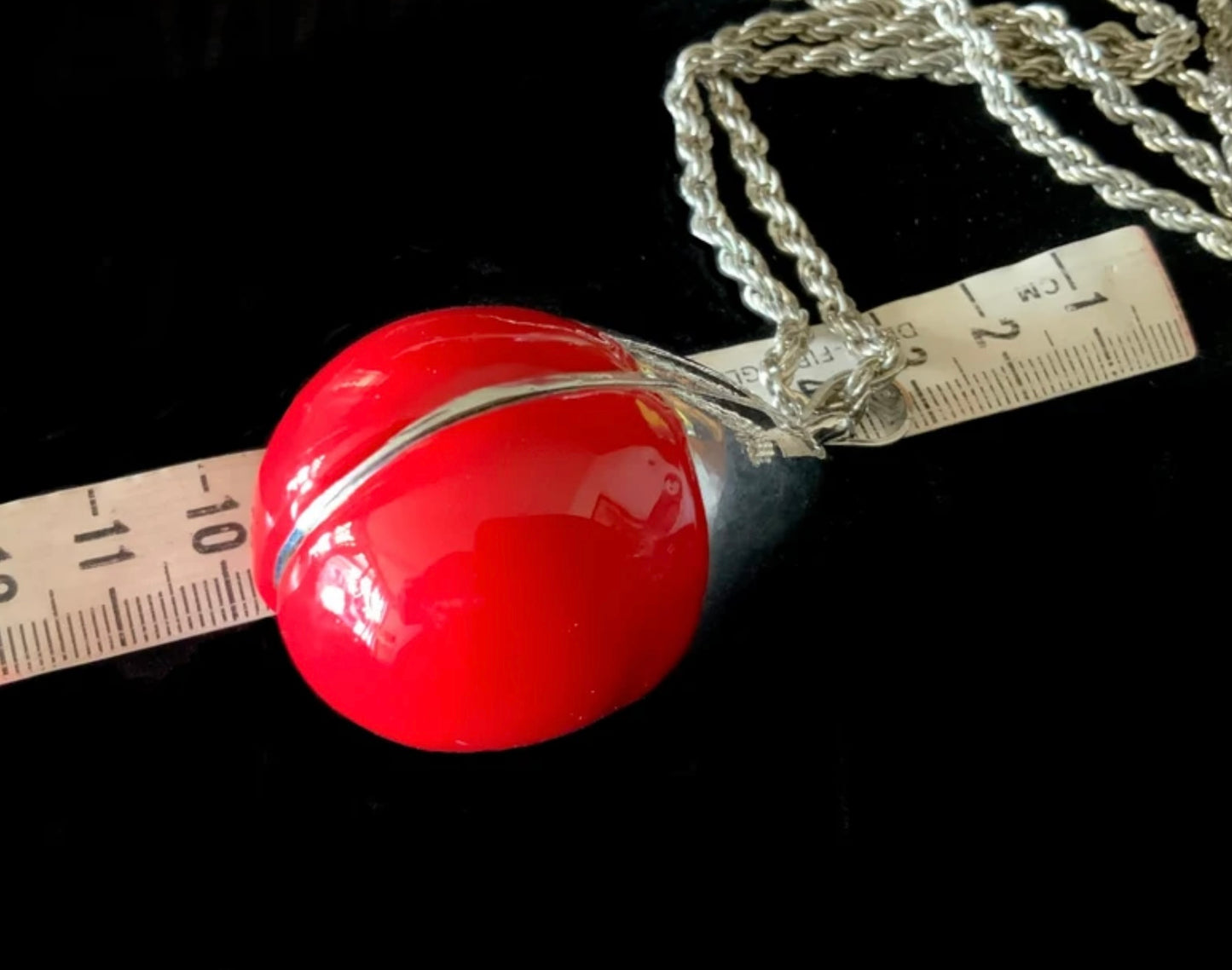 Silver & Red Enamel Wrecking Ball Rope Chain Necklace 90cm