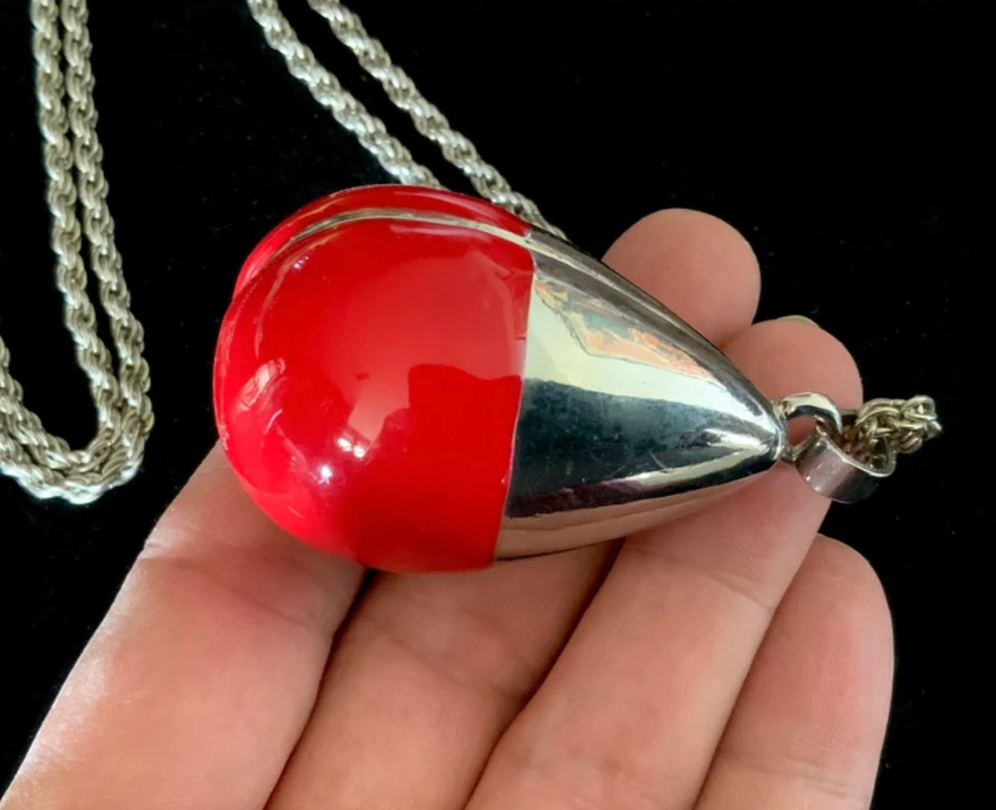 Silver & Red Enamel Wrecking Ball Rope Chain Necklace 90cm