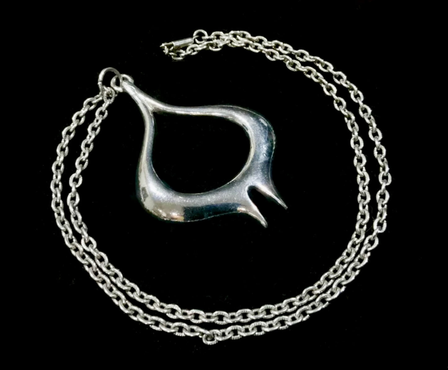 Modernist Silver Chrome 7cm Pendent & Chain Necklace 52cm Vintage 1960s