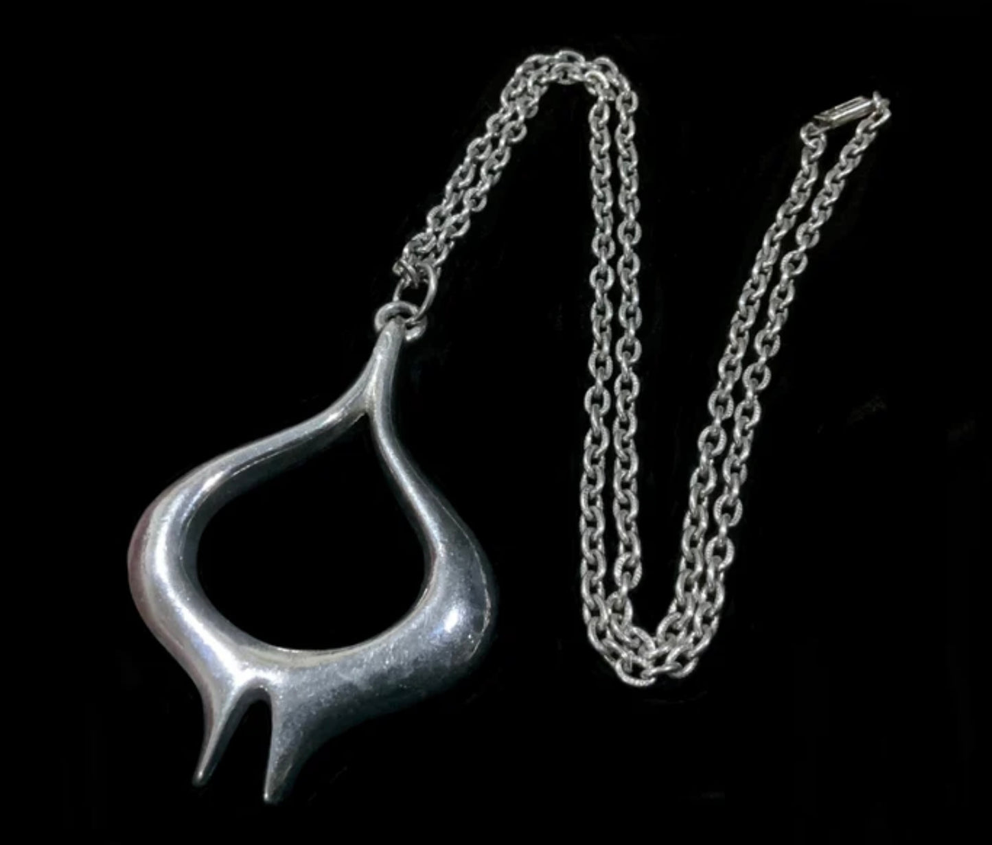 Modernist Silver Chrome 7cm Pendent & Chain Necklace 52cm Vintage 1960s