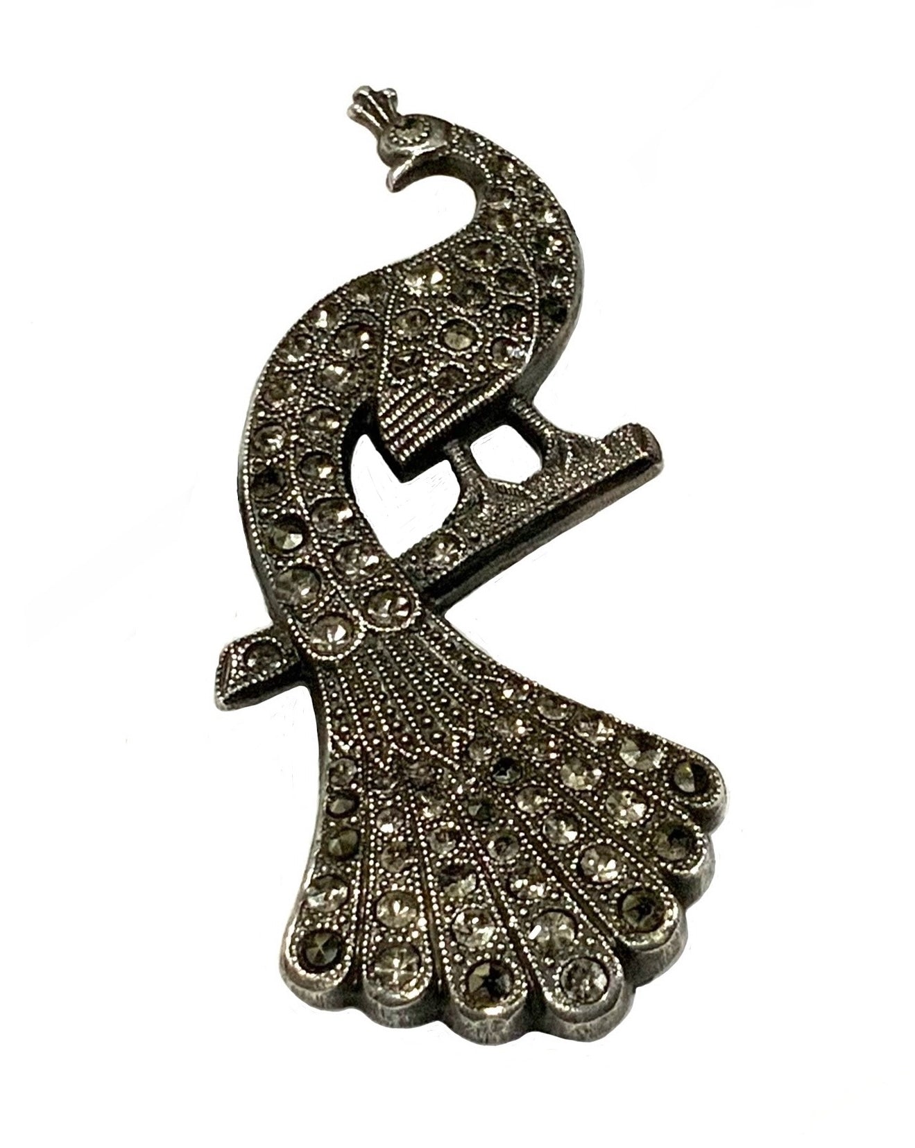 Art Deco Sterling Silver 925 Marcasite Large Peacock Pendant Necklace