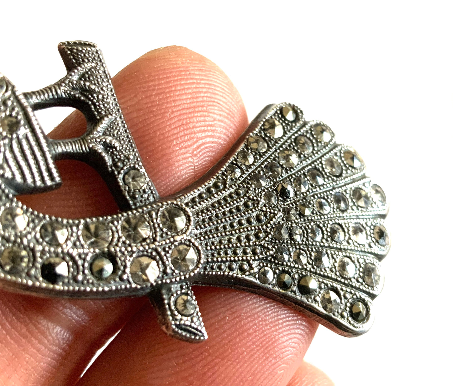 Art Deco Sterling Silver 925 Marcasite Large Peacock Pendant Necklace