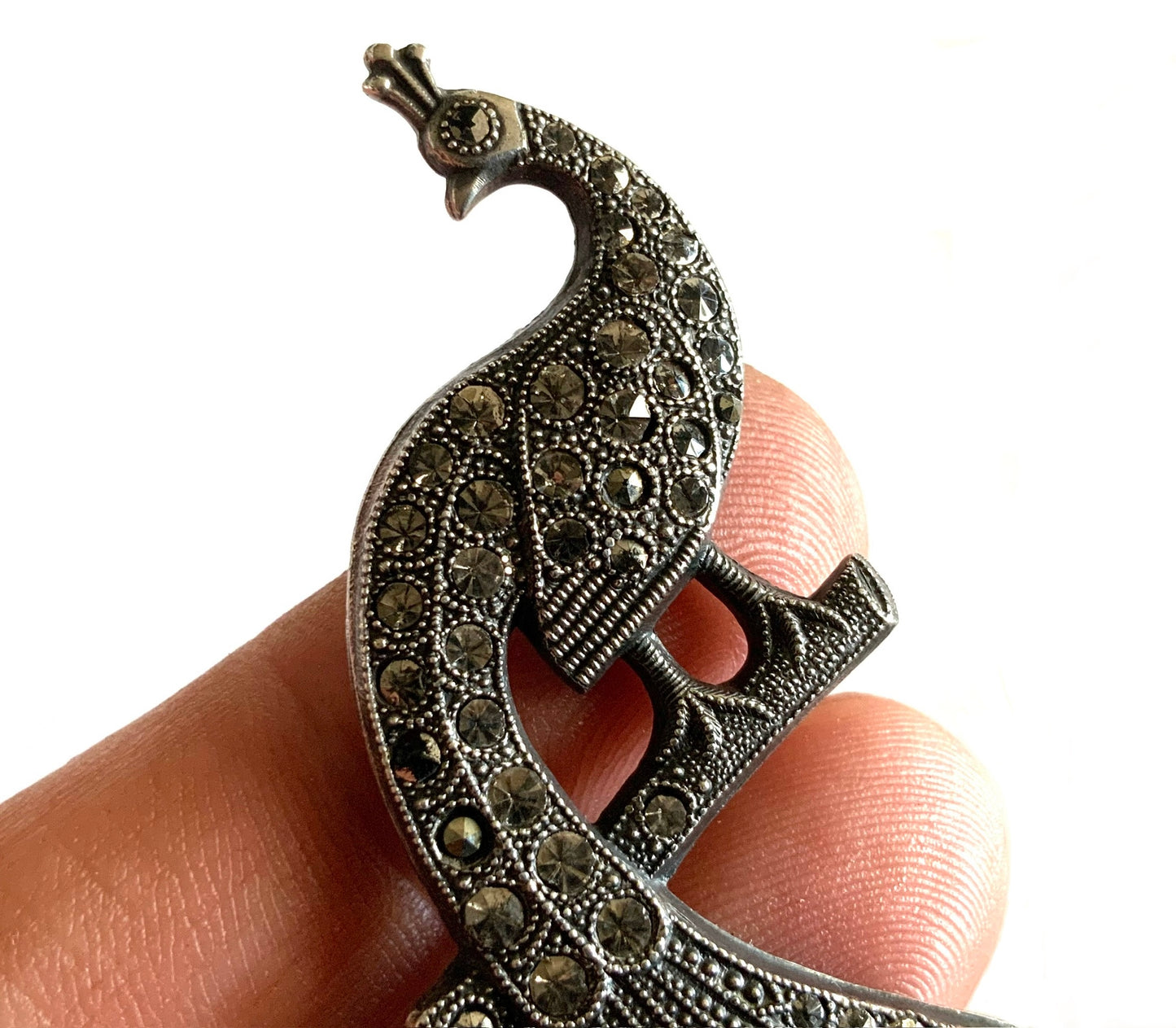 Art Deco Sterling Silver 925 Marcasite Large Peacock Pendant Necklace