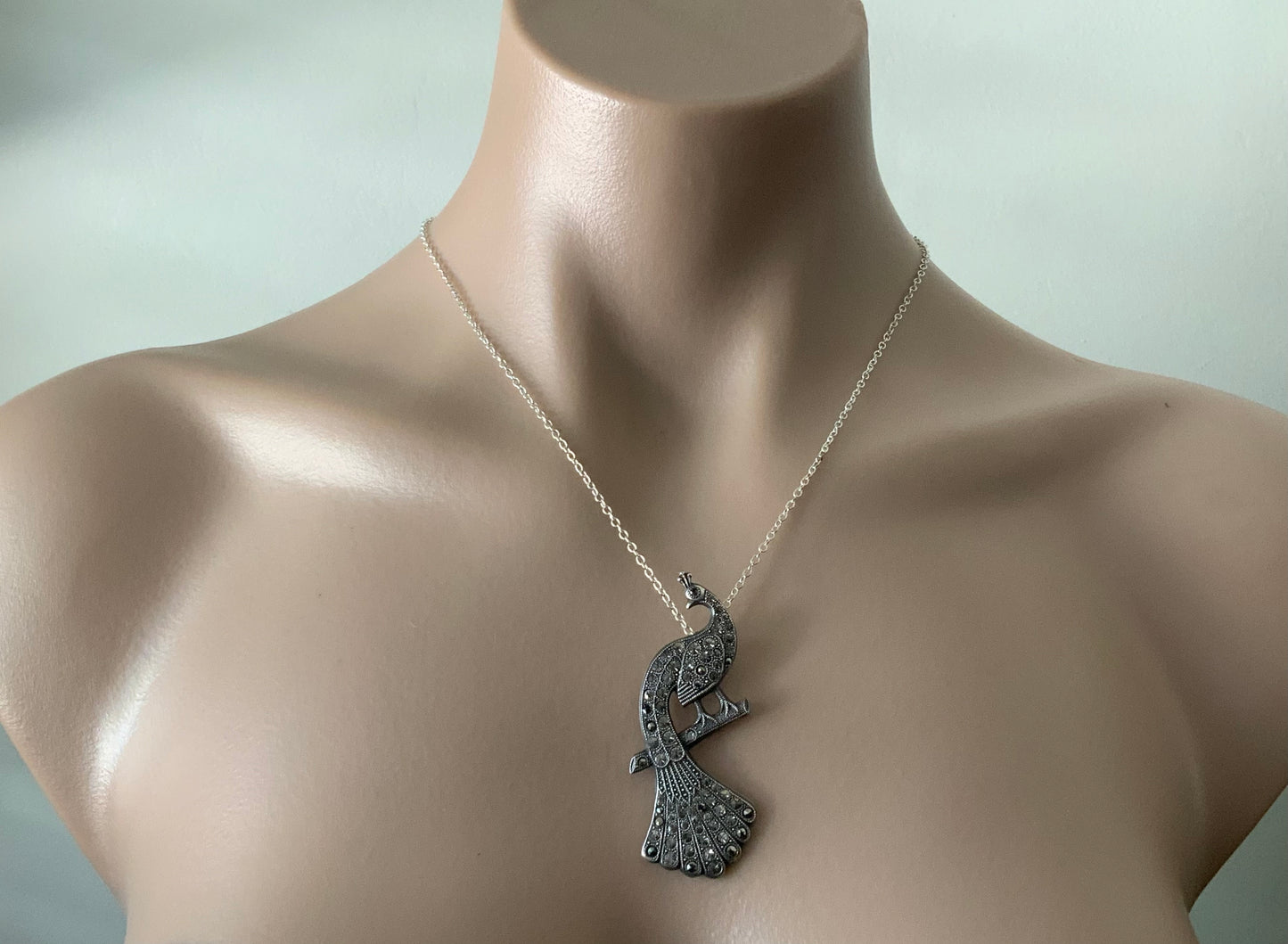 Art Deco Sterling Silver 925 Marcasite Large Peacock Pendant Necklace
