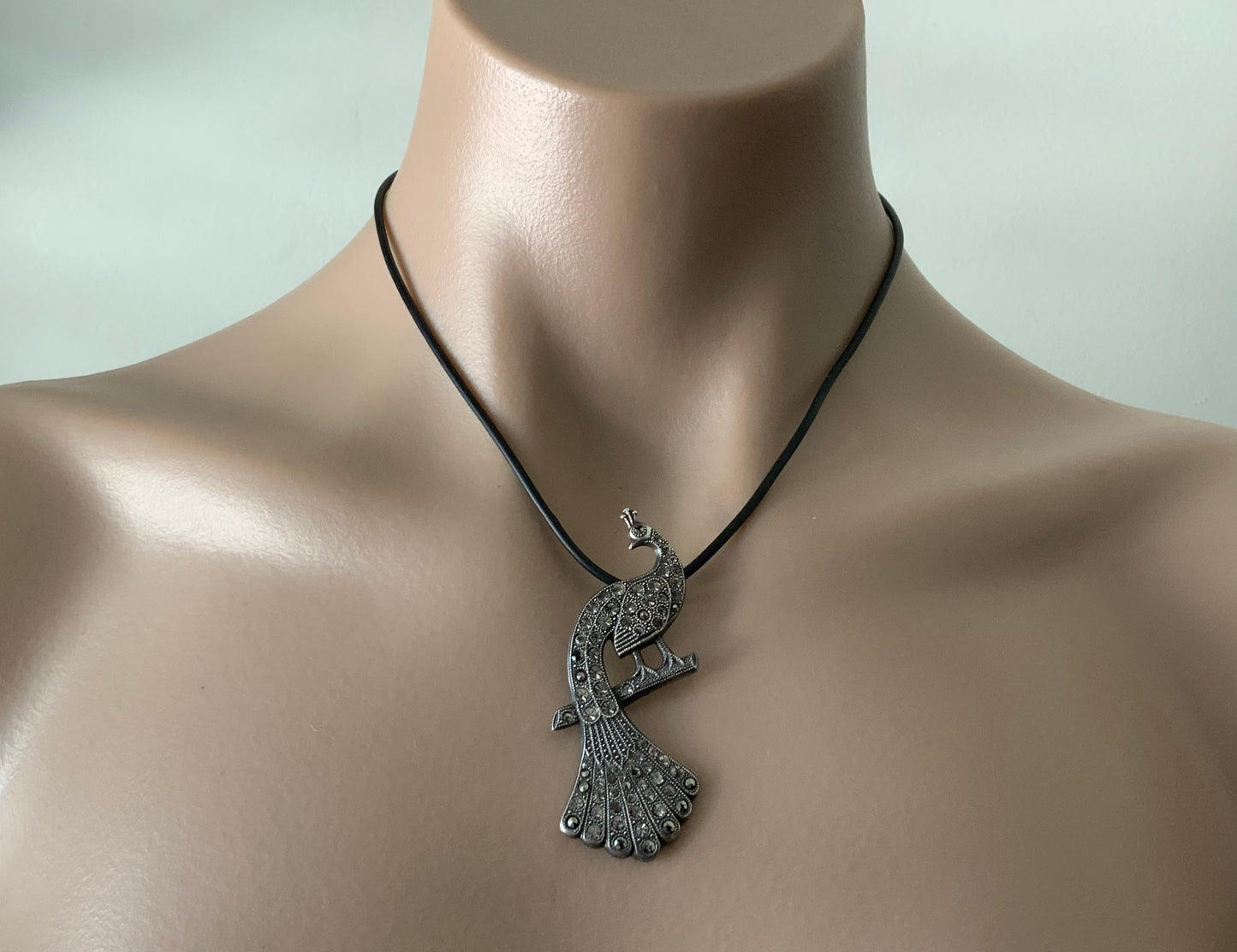 Art Deco Sterling Silver 925 Marcasite Large Peacock Pendant Necklace