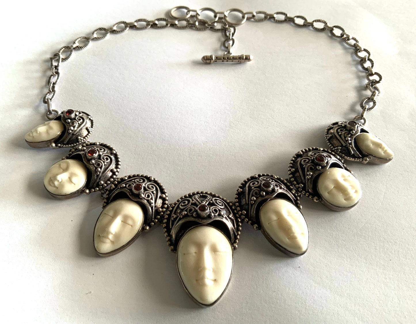 Vintage Sterling Silver & Garnet Gemstone Carved Goddess Necklace