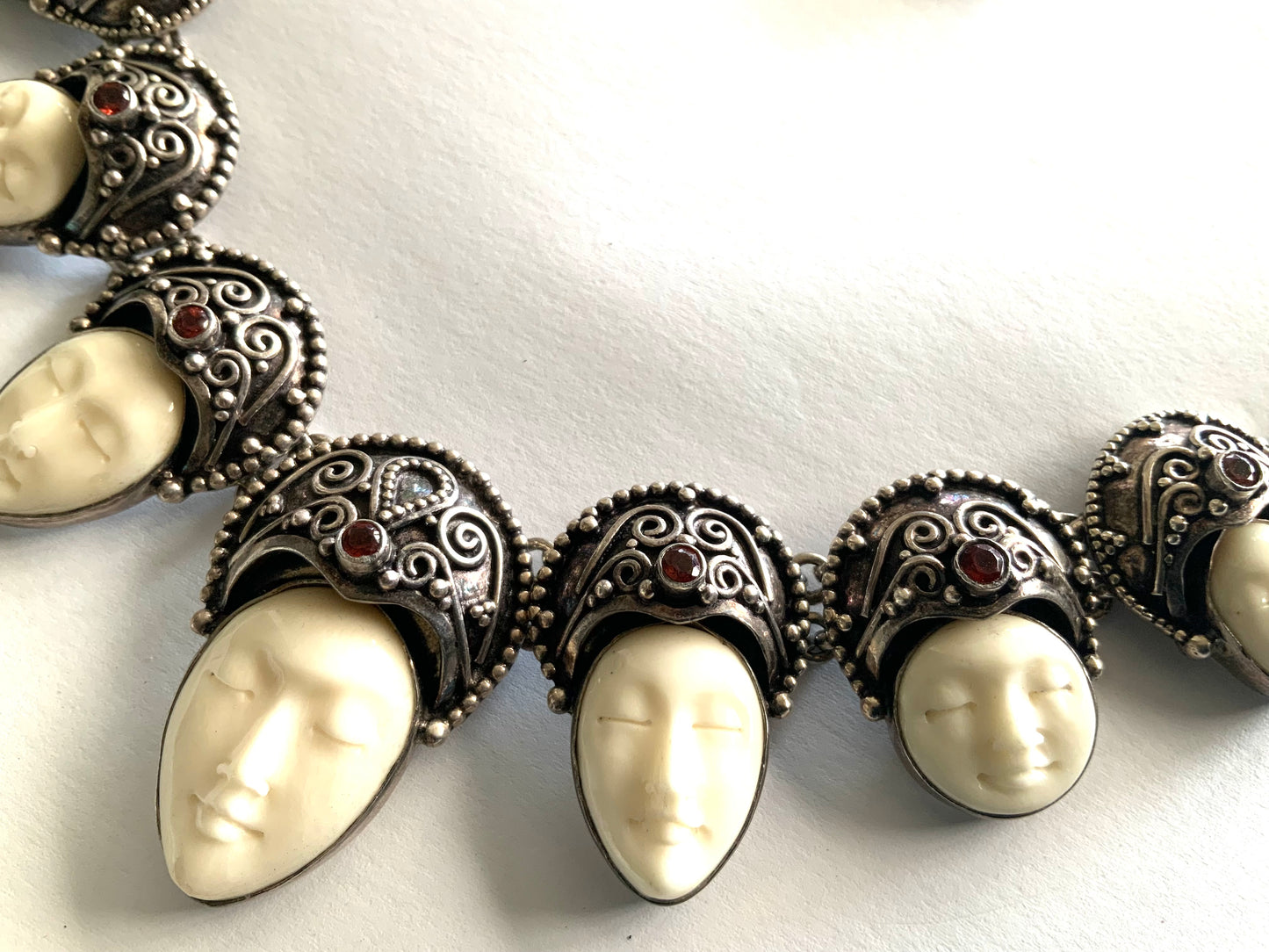 Vintage Sterling Silver & Garnet Gemstone Carved Goddess Necklace