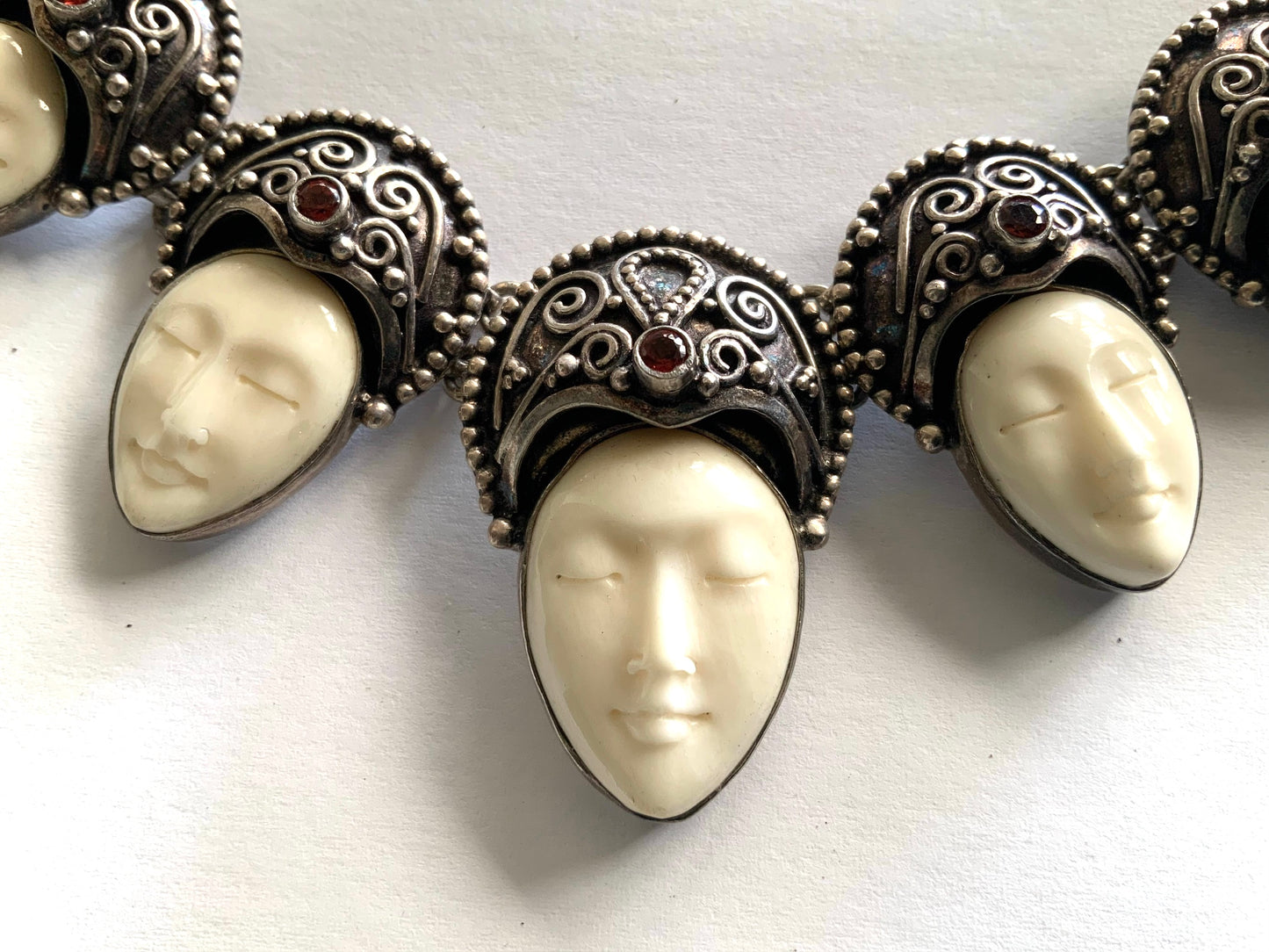Vintage Sterling Silver & Garnet Gemstone Carved Goddess Necklace