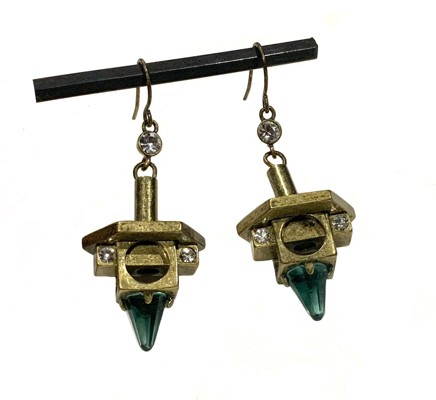 Aqua Tourmaline Glass & Brass Modernist Brutalist Earrings