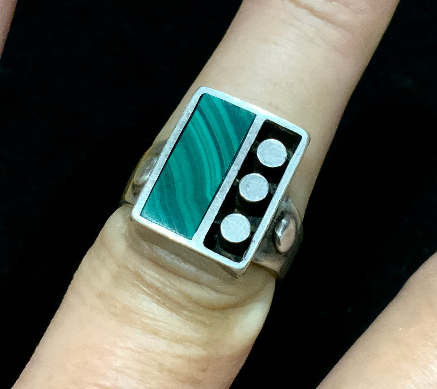 925 Sterling Silver & Malachite Domino Ring Size Q