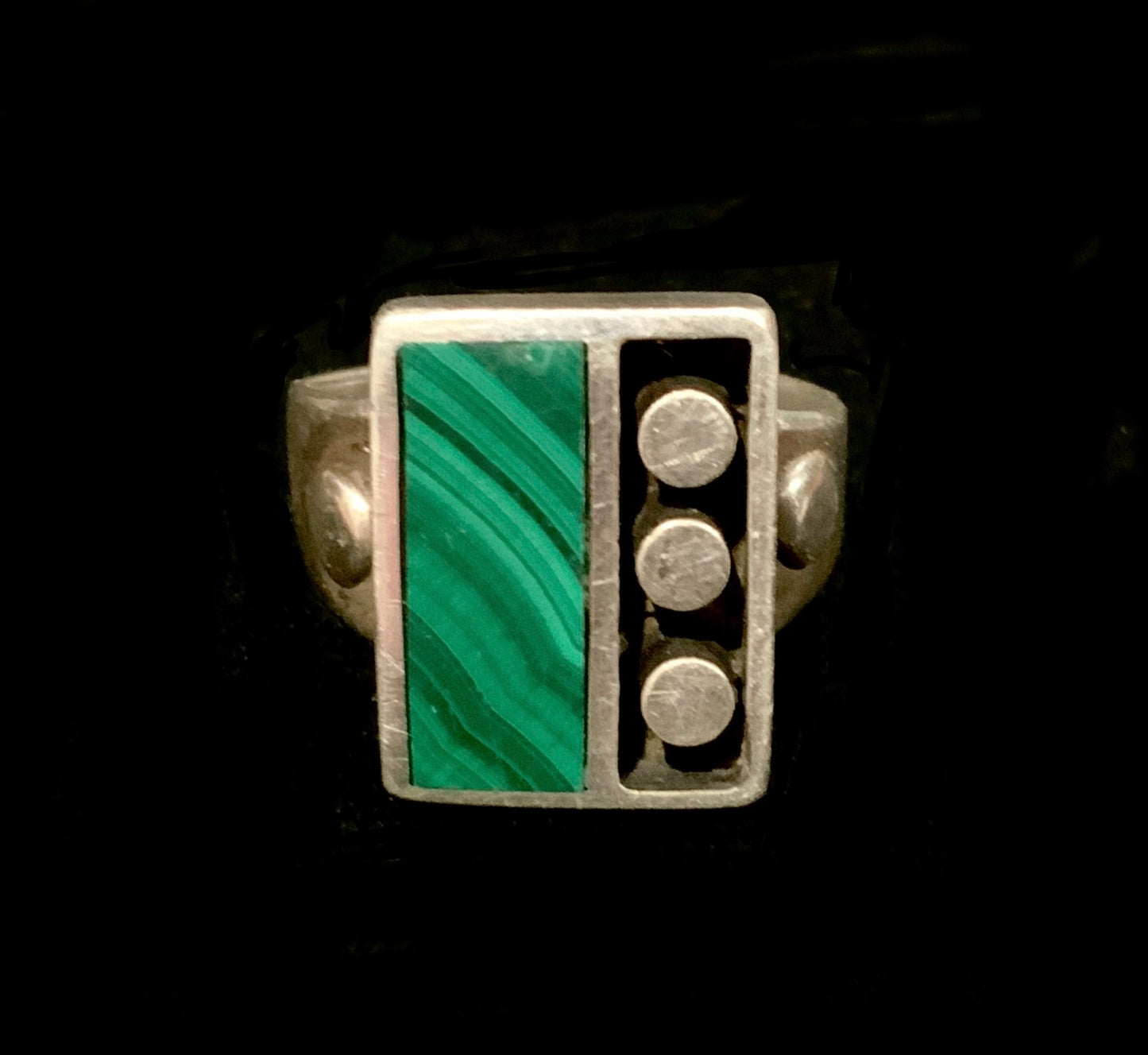 925 Sterling Silver & Malachite Domino Ring Size Q