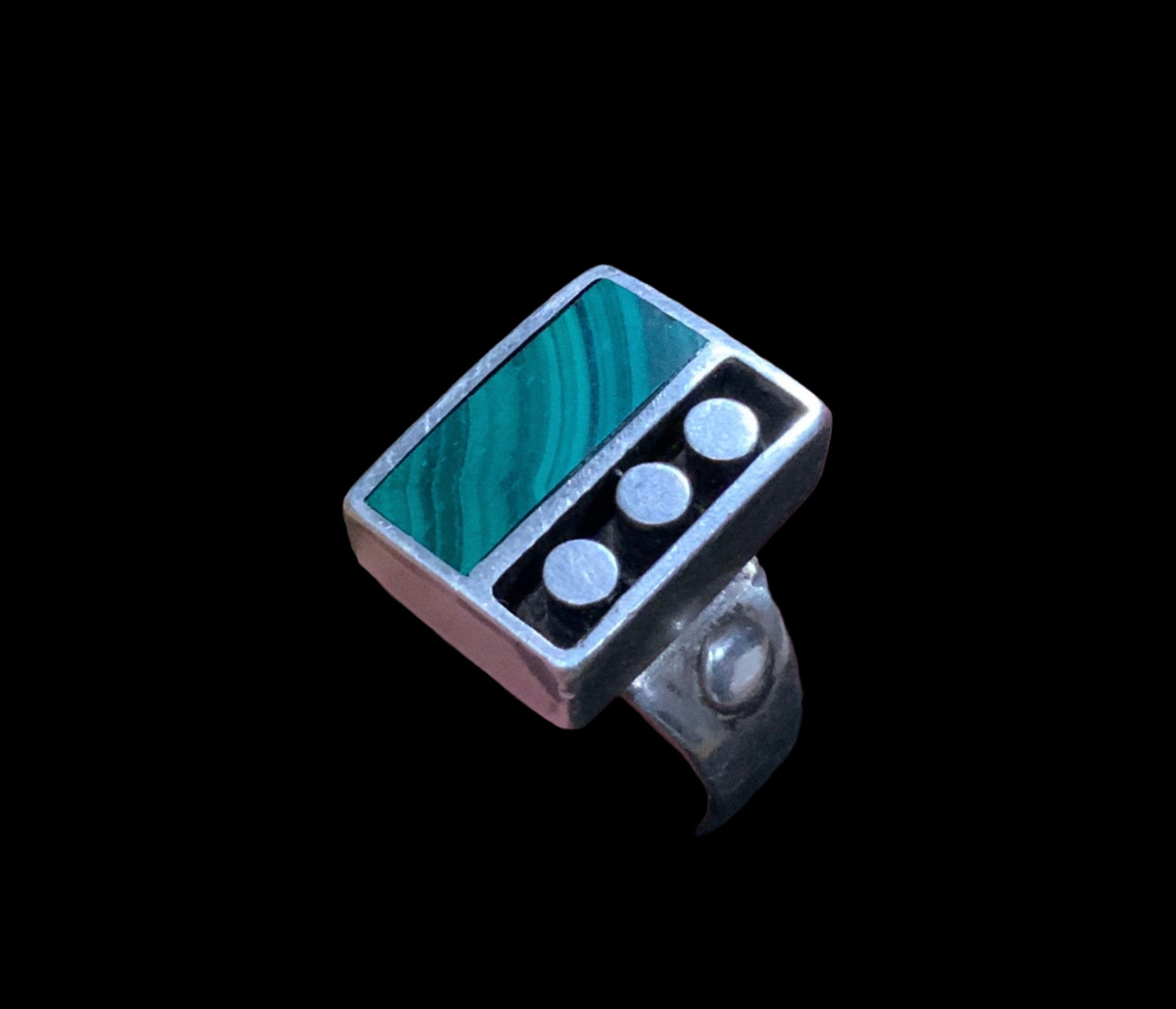925 Sterling Silver & Malachite Domino Ring Size Q