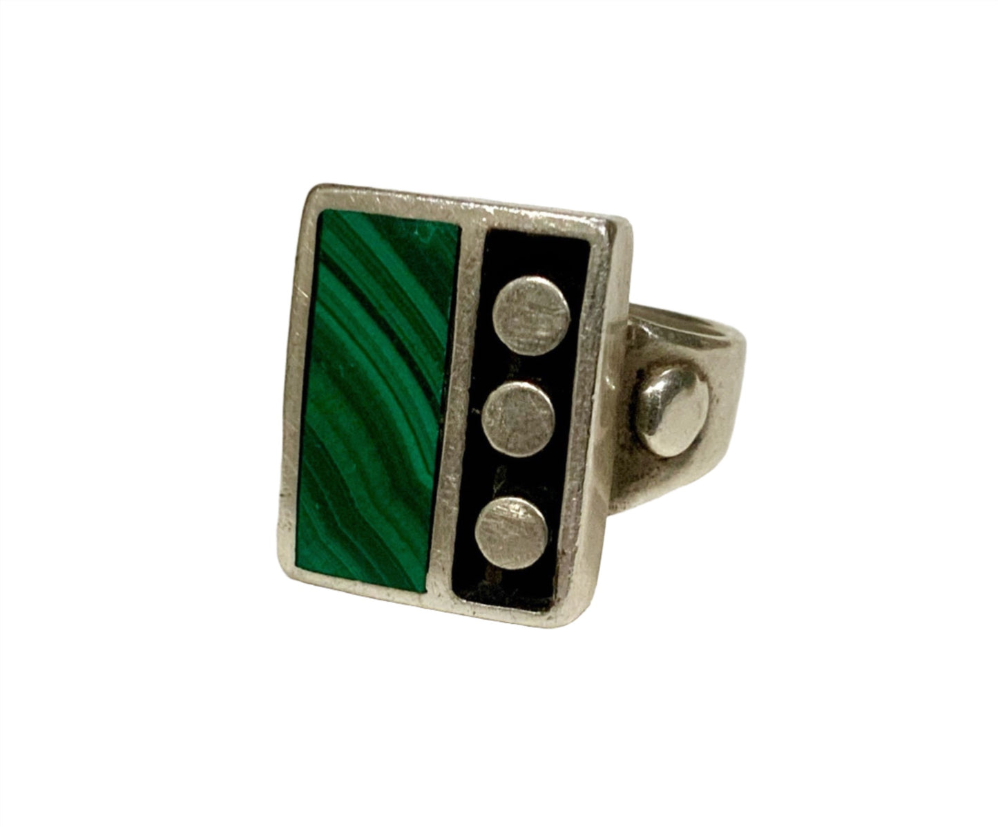 925 Sterling Silver & Malachite Domino Ring Size Q