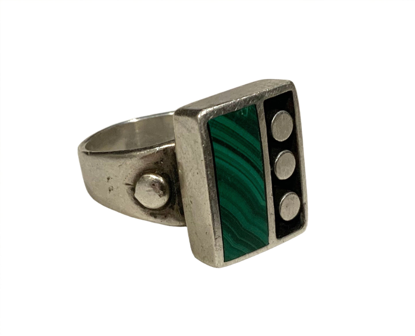925 Sterling Silver & Malachite Domino Ring Size Q