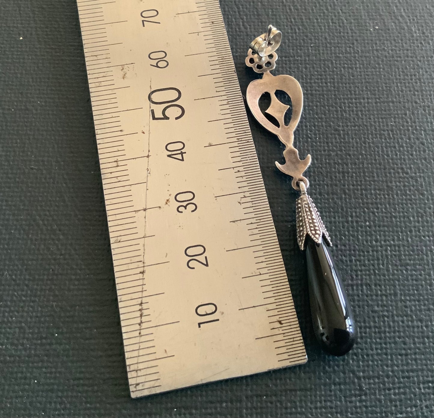 Antique Art Deco 6cm Sterling Silver & Onyx Drop Post Earrings 1920s