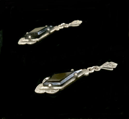 Antique Art Deco 925 Sterling Silver Black Onyx Dangle Earrings