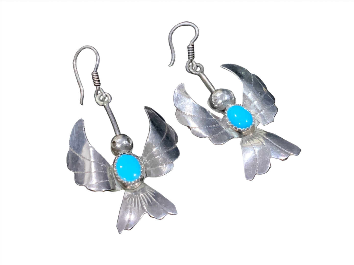 Fatoya Yazzie Navajo Sterling Silver & Turquoise Hummingbird Earrings 5.5cm