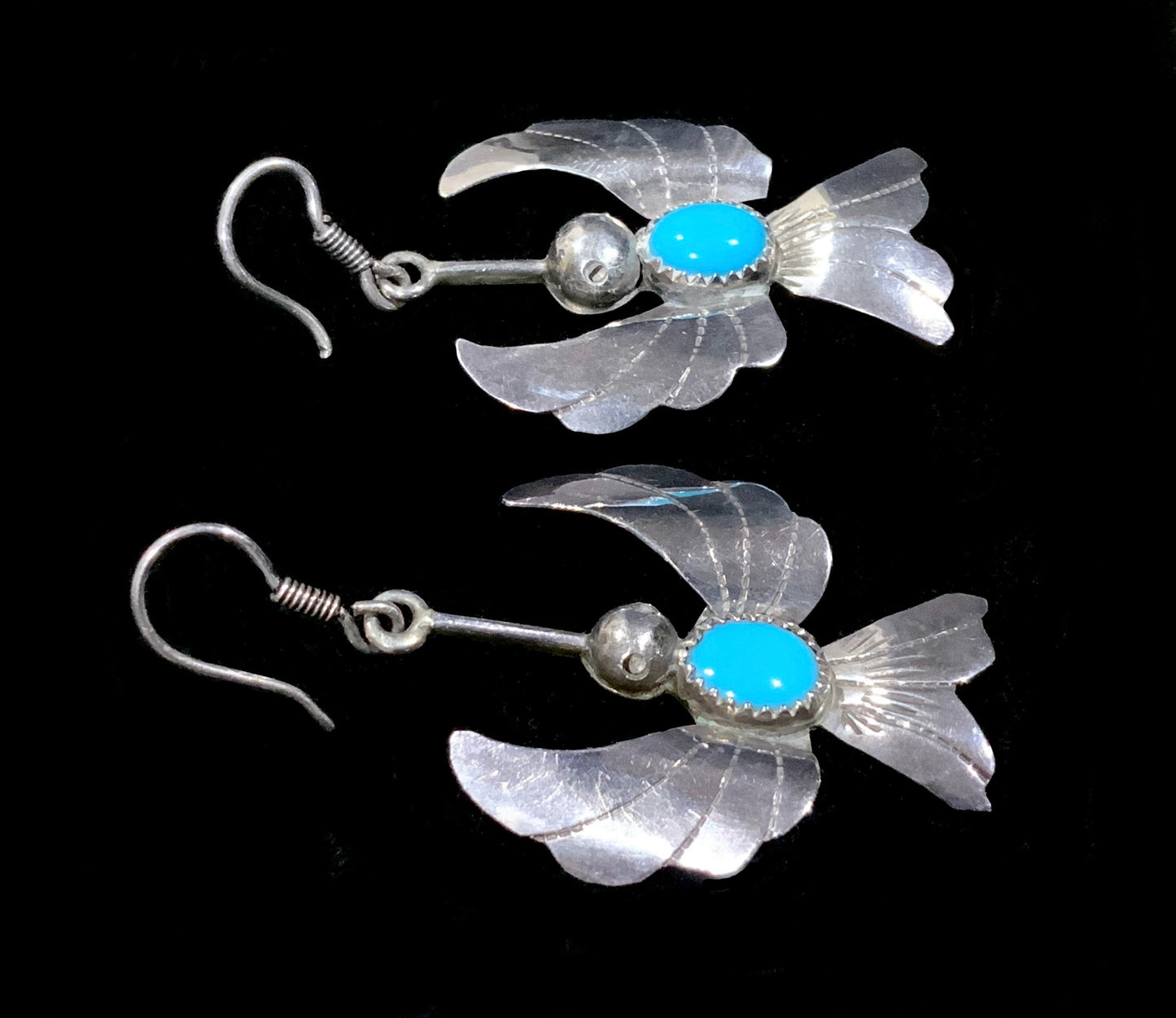 Fatoya Yazzie Navajo Sterling Silver & Turquoise Hummingbird Earrings 5.5cm