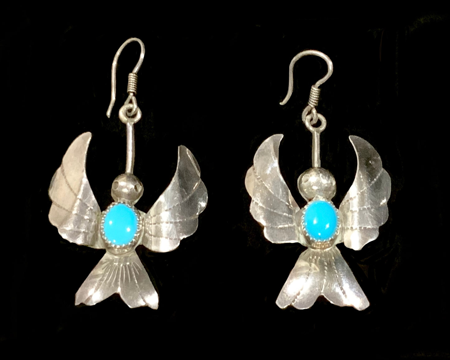 Fatoya Yazzie Navajo Sterling Silver & Turquoise Hummingbird Earrings 5.5cm