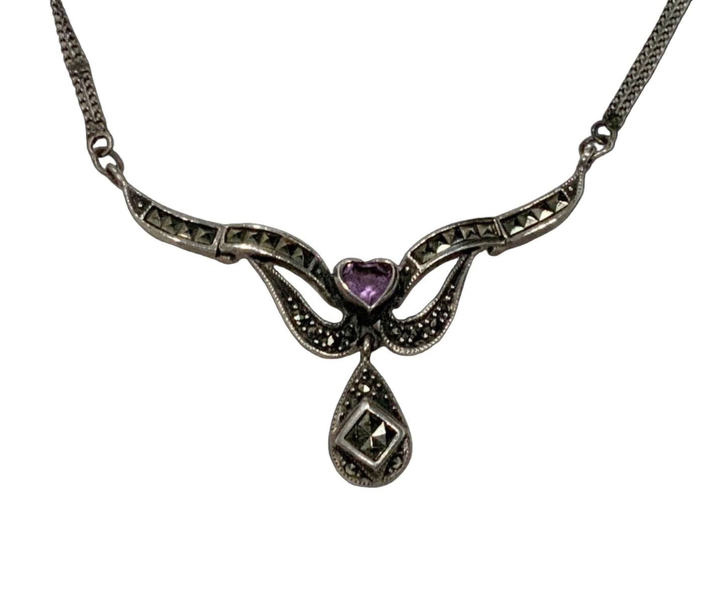 Art Deco Sterling Silver Amethyst & Marcasite Collier Necklace c 1920