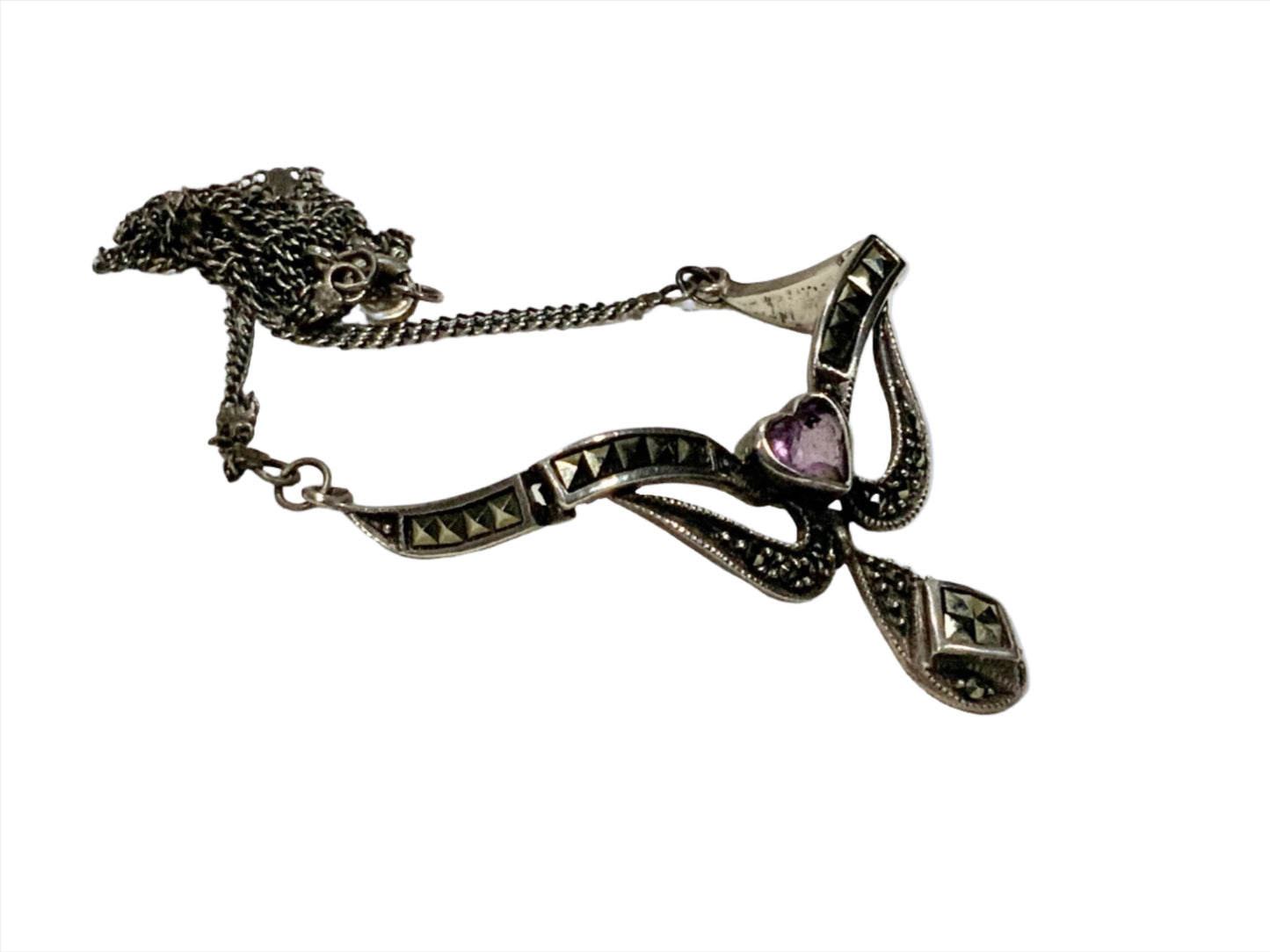 Art Deco Sterling Silver Amethyst & Marcasite Collier Necklace c 1920