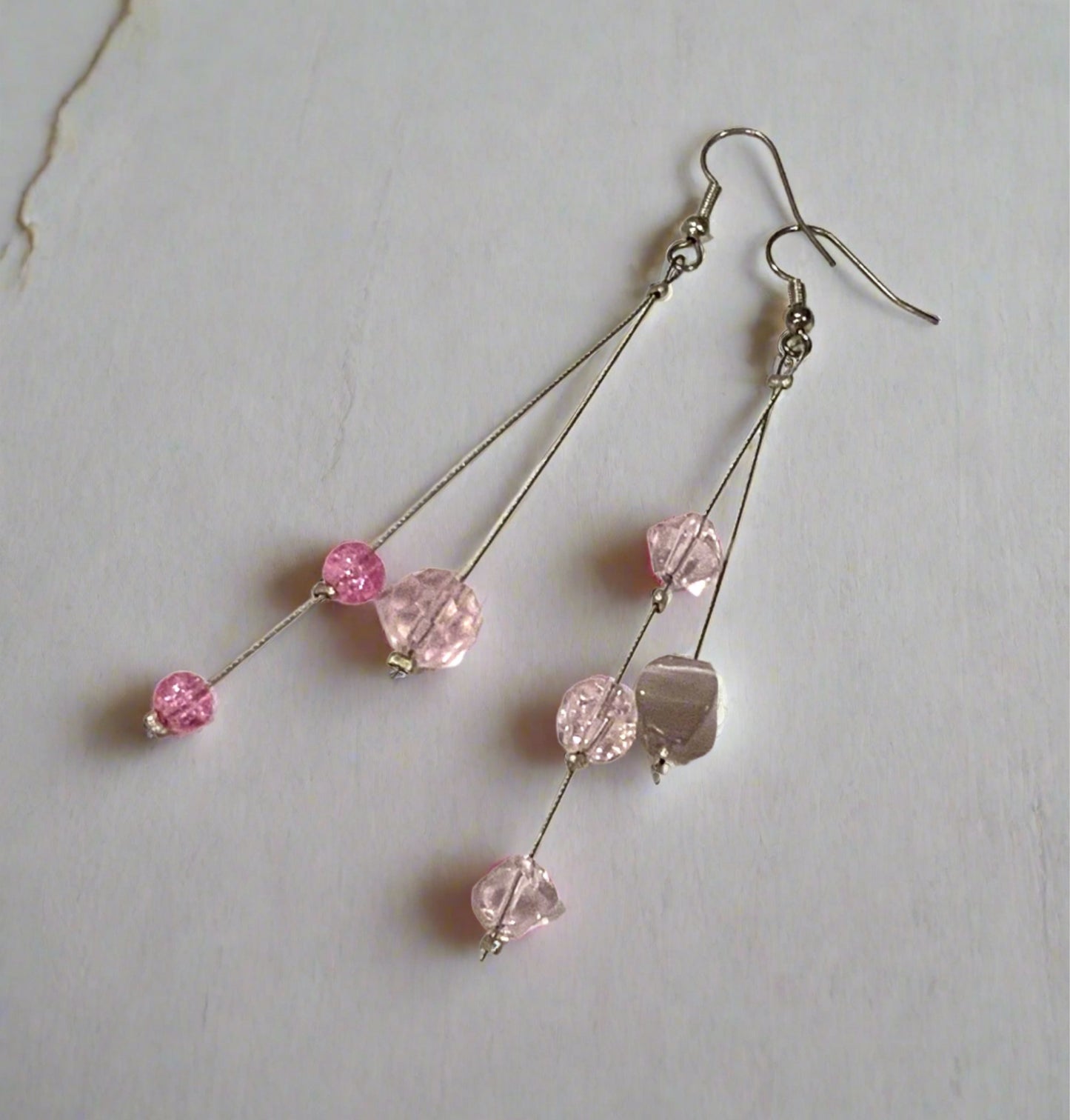 Silver & Pink Glass Bead Dangle Earrings 9.5cm