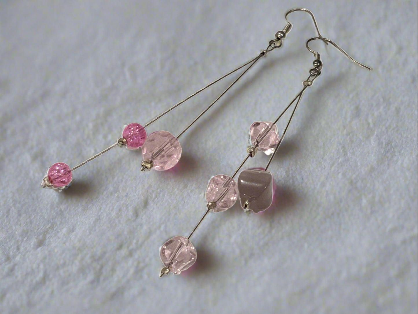 Silver & Pink Glass Bead Dangle Earrings 9.5cm