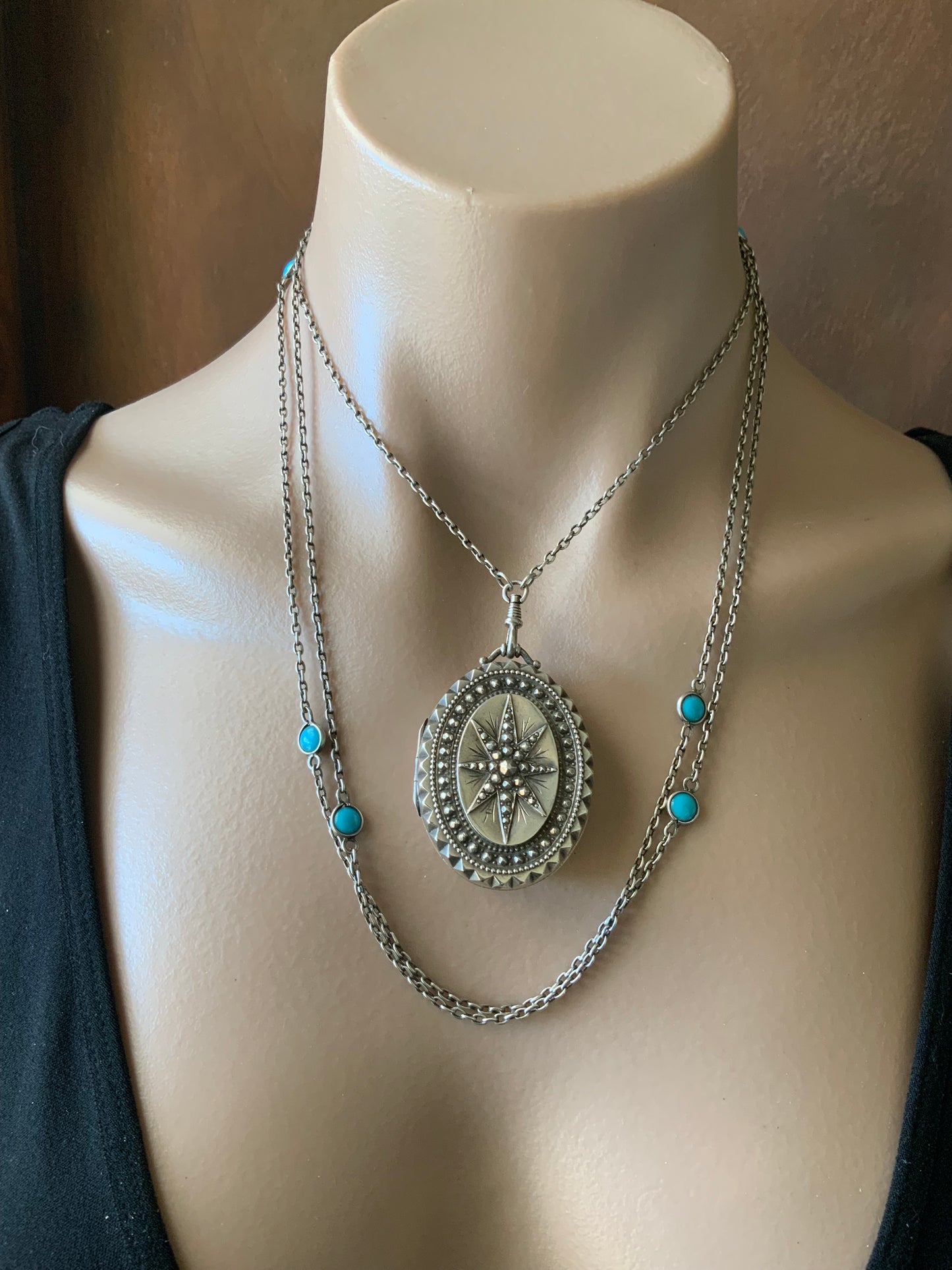Antique 1876 T&Co Victorian North Star Locket Pendant Sterling Silver 925 Turquoise Longuard Necklace