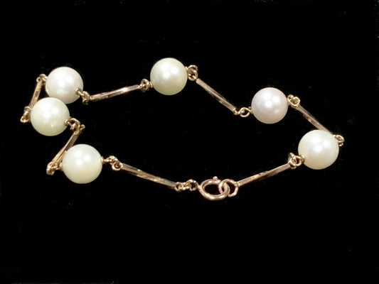 Antique Cultured White Pearl Continental Gold Twisted Bar Link Bracelet 18.5cm